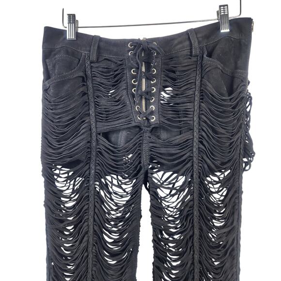 Retrofete Suede Pants Black Size Medium Pockets Sheer Fringe - Picture 2 of 9